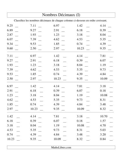 Classification en ordre de nombres décimaux -- Centièmes (I)