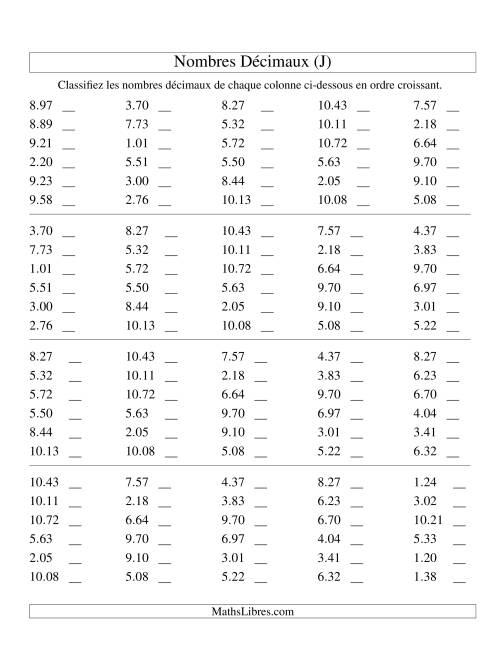 Classification en ordre de nombres décimaux -- Centièmes (J)