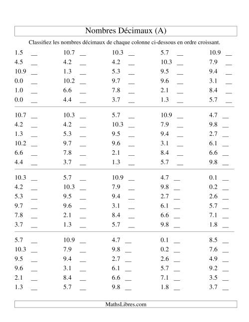 Classification en ordre de nombres décimaux -- Dixièmes (A)