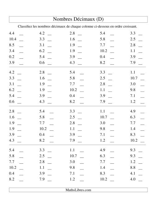 Classification en ordre de nombres décimaux -- Dixièmes (D)