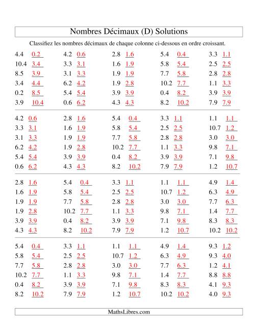 Classification en ordre de nombres décimaux -- Dixièmes (D) page 2