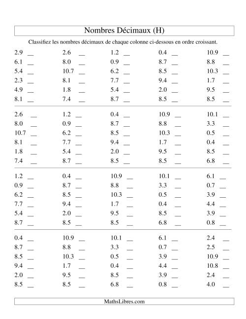 Classification en ordre de nombres décimaux -- Dixièmes (H)
