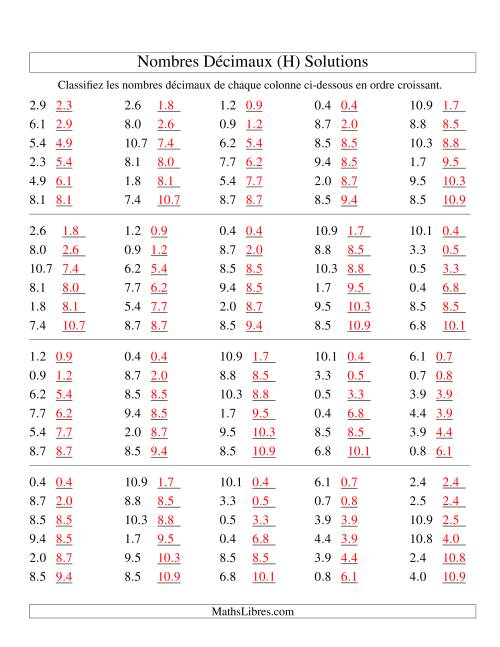 Classification en ordre de nombres décimaux -- Dixièmes (H) page 2
