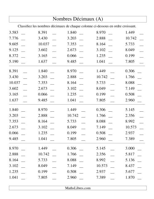 Classification en ordre de nombres décimaux -- Millièmes (A)