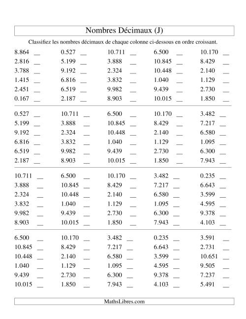 Classification en ordre de nombres décimaux -- Millièmes (J)