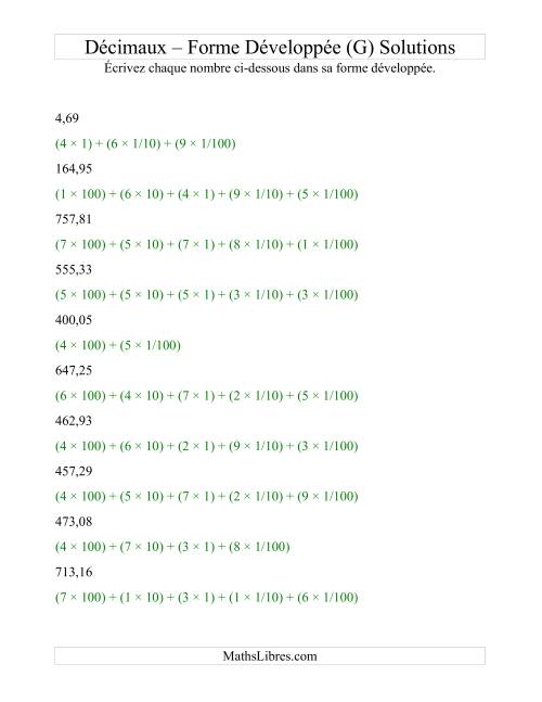 Écriture de nombres décimaux en forme développée (3 avant la virgule; 2 après) (G) page 2