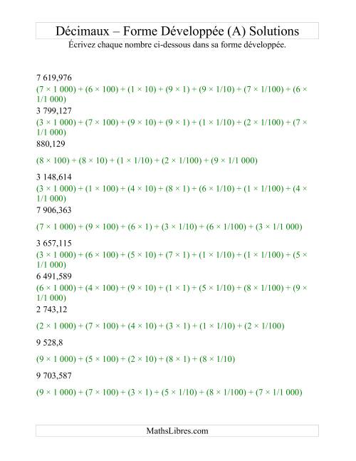 Écriture de nombres décimaux en forme développée (4 avant la virgule; 3 après) (A) page 2