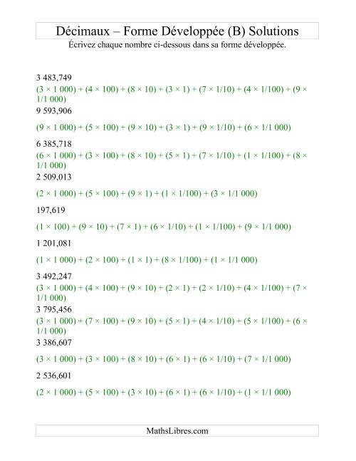 Écriture de nombres décimaux en forme développée (4 avant la virgule; 3 après) (B) page 2