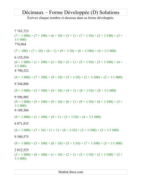 Écriture de nombres décimaux en forme développée (4 avant la virgule; 3 après) (D) page 2