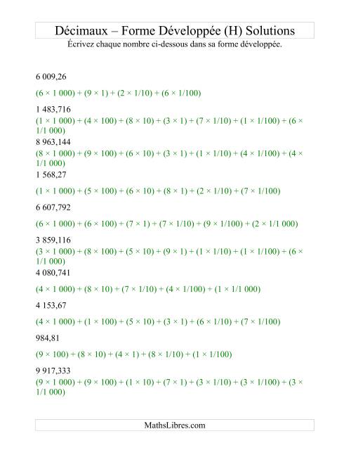 Écriture de nombres décimaux en forme développée (4 avant la virgule; 3 après) (H) page 2