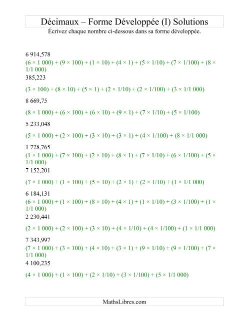 Écriture de nombres décimaux en forme développée (4 avant la virgule; 3 après) (I) page 2