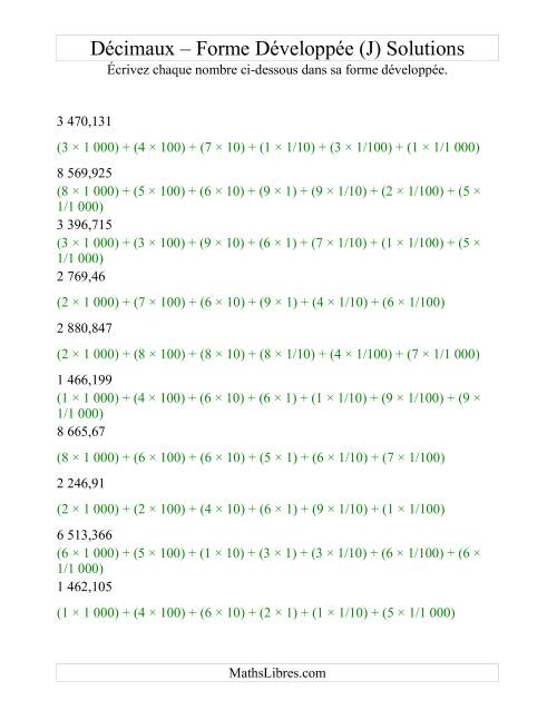 Écriture de nombres décimaux en forme développée (4 avant la virgule; 3 après) (J) page 2
