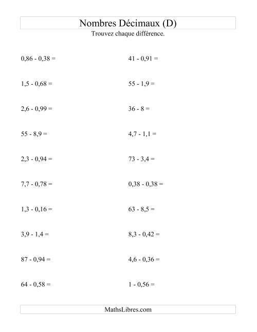 Soustraction horizontale de nombres décimaux (2 décimales) (D)