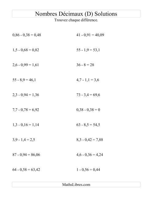 Soustraction horizontale de nombres décimaux (2 décimales) (D) page 2