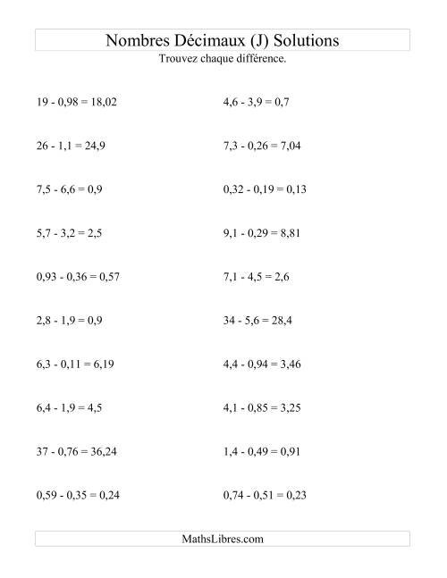 Soustraction horizontale de nombres décimaux (2 décimales) (J) page 2