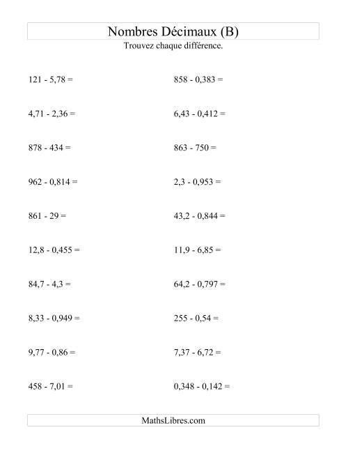Soustraction horizontale de nombres décimaux (3 décimales) (B)