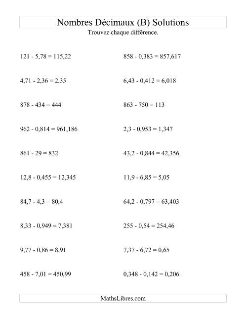 Soustraction horizontale de nombres décimaux (3 décimales) (B) page 2