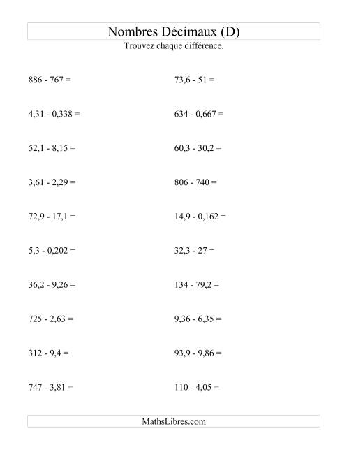 Soustraction horizontale de nombres décimaux (3 décimales) (D)