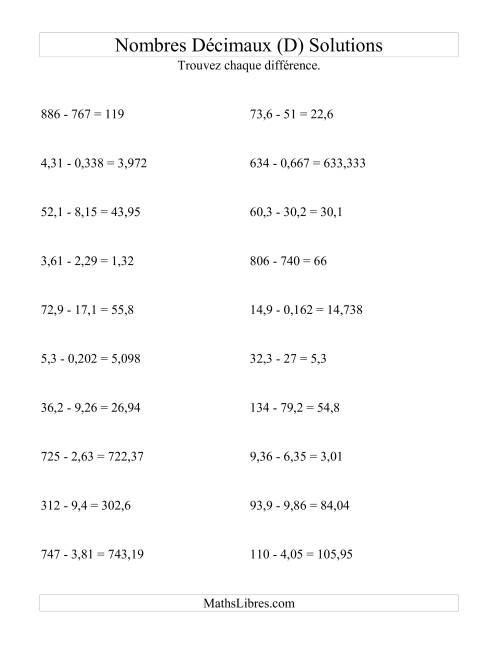 Soustraction horizontale de nombres décimaux (3 décimales) (D) page 2