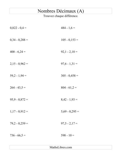 Soustraction horizontale de nombres décimaux (3 décimales) (Tout)