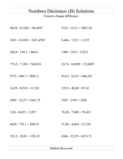 Soustraction horizontale de nombres décimaux (4 décimales) (B) page 2