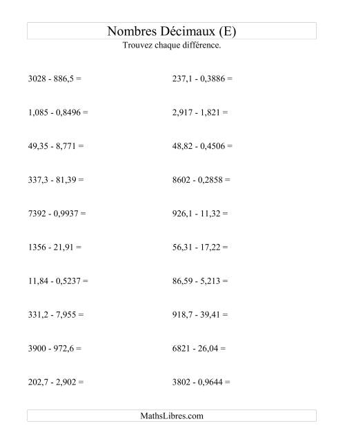 Soustraction horizontale de nombres décimaux (4 décimales) (E)
