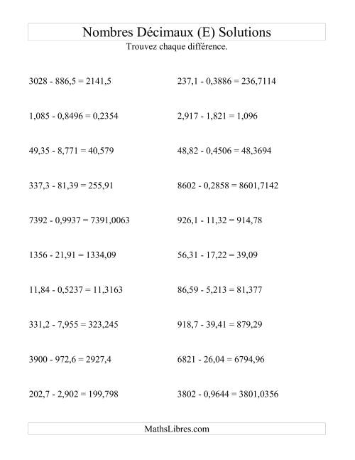 Soustraction horizontale de nombres décimaux (4 décimales) (E) page 2