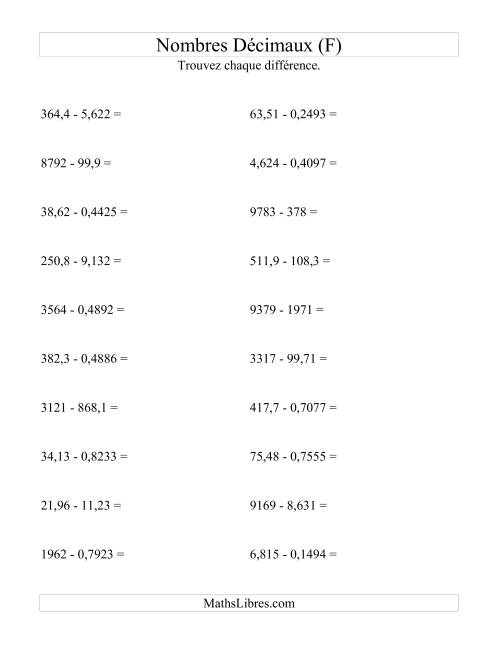 Soustraction horizontale de nombres décimaux (4 décimales) (F)