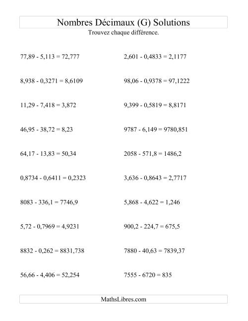 Soustraction horizontale de nombres décimaux (4 décimales) (G) page 2