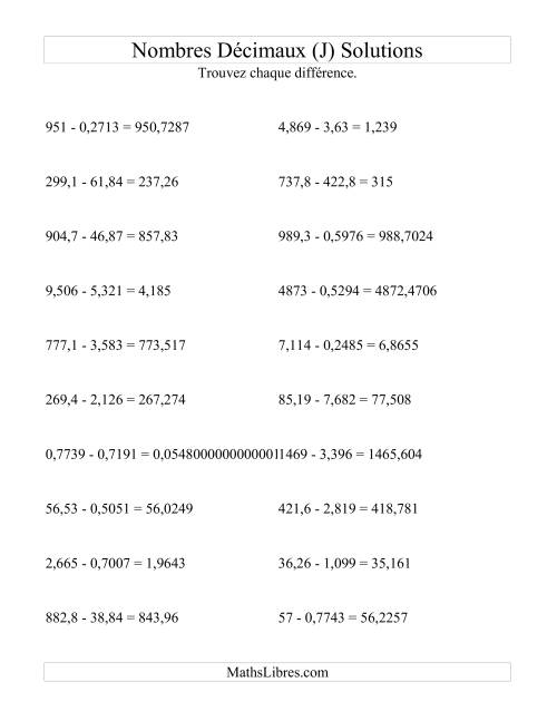 Soustraction horizontale de nombres décimaux (4 décimales) (J) page 2