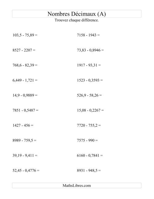 Soustraction horizontale de nombres décimaux (4 décimales) (Tout)