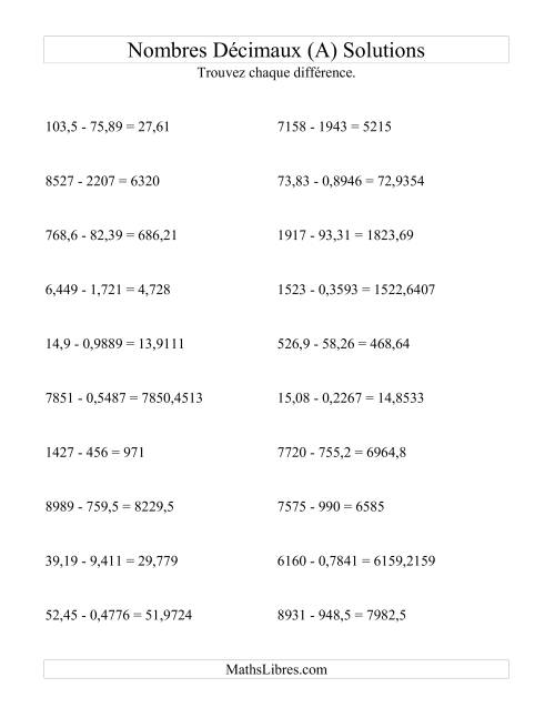 Soustraction horizontale de nombres décimaux (4 décimales) (Tout) page 2