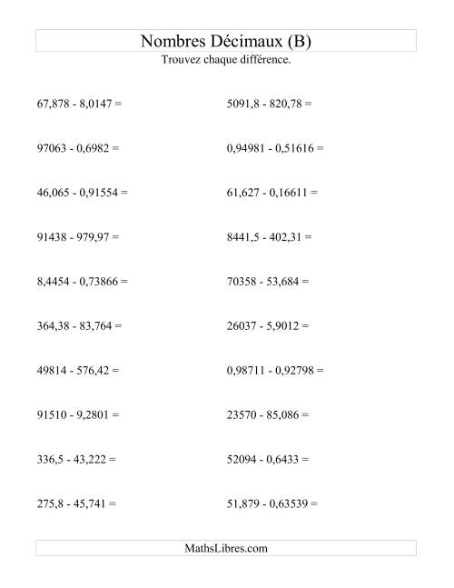 Soustraction horizontale de nombres décimaux (5 décimales) (B)