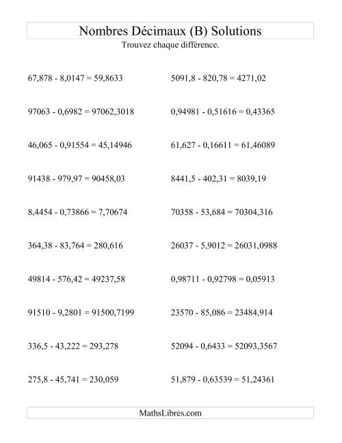 Soustraction horizontale de nombres décimaux (5 décimales) (B) page 2