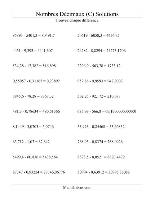 Soustraction horizontale de nombres décimaux (5 décimales) (C) page 2