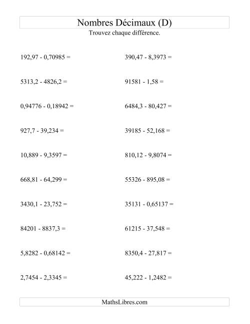 Soustraction horizontale de nombres décimaux (5 décimales) (D)