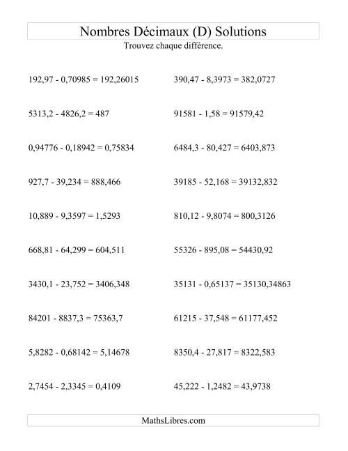 Soustraction horizontale de nombres décimaux (5 décimales) (D) page 2