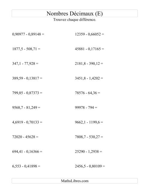 Soustraction horizontale de nombres décimaux (5 décimales) (E)