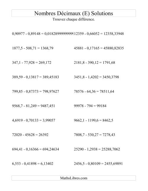 Soustraction horizontale de nombres décimaux (5 décimales) (E) page 2