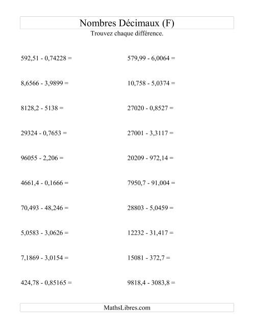 Soustraction horizontale de nombres décimaux (5 décimales) (F)