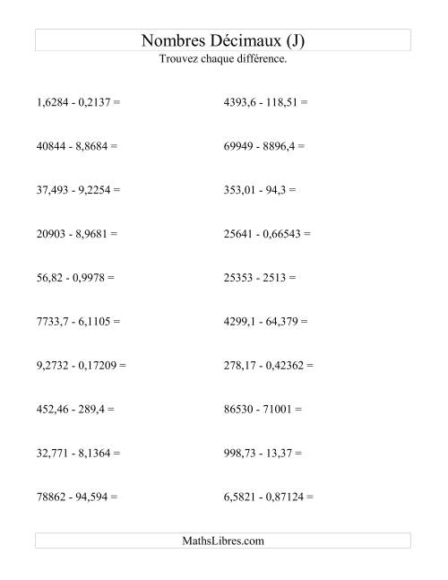 Soustraction horizontale de nombres décimaux (5 décimales) (J)