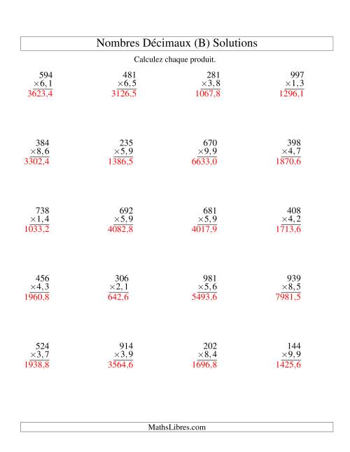 Multiplication de nombres décimaux -- Entiers 3-chiffres × dixièmes 2-chiffres (B) page 2