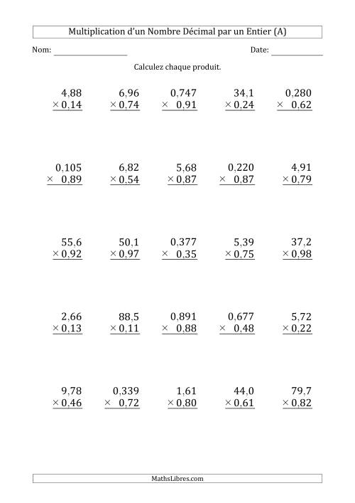 Multipication de Divers Nombres Décimaux par un Nombre à 2 Chiffres des Centièmes (A)