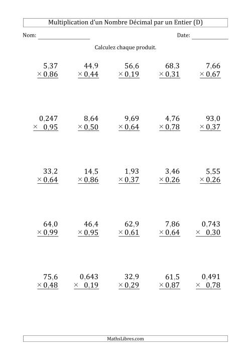 Multipication de Divers Nombres Décimaux par un Nombre à 2 Chiffres des Centièmes (D)