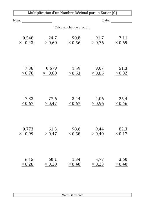Multipication de Divers Nombres Décimaux par un Nombre à 2 Chiffres des Centièmes (G)