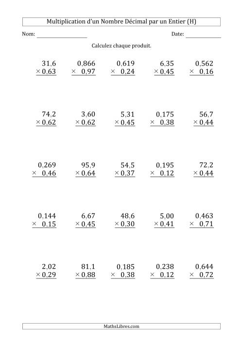 Multipication de Divers Nombres Décimaux par un Nombre à 2 Chiffres des Centièmes (H)