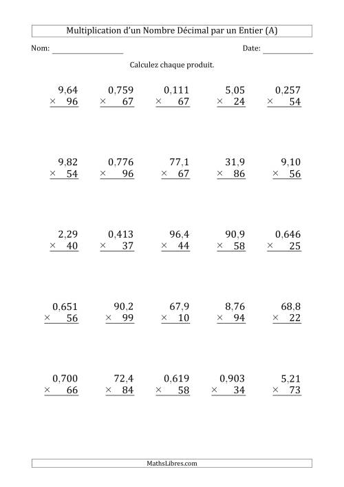 Multipication de Divers Nombres Décimaux par un Nombre Entier à 2 Chiffres (A)