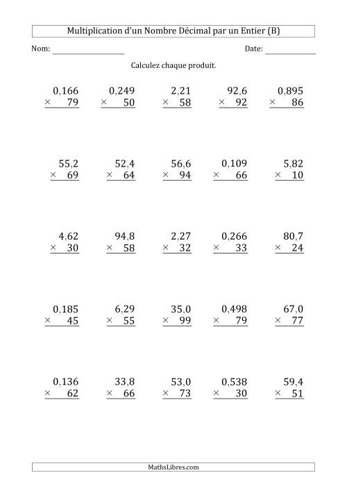 Multipication de Divers Nombres Décimaux par un Nombre Entier à 2 Chiffres (B)