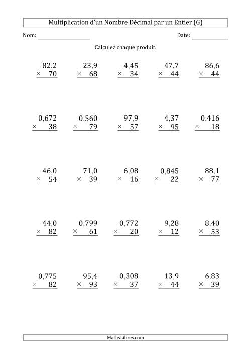 Multipication de Divers Nombres Décimaux par un Nombre Entier à 2 Chiffres (G)