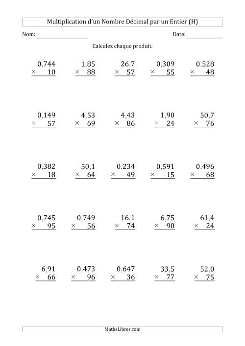 Multipication de Divers Nombres Décimaux par un Nombre Entier à 2 Chiffres (H)